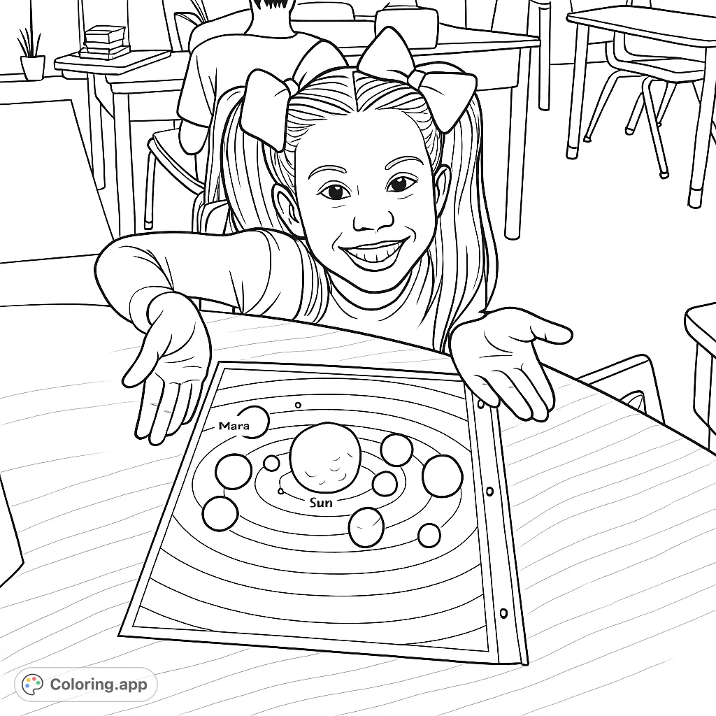 A cheerful girl proudly displays her school solar system project, featuring sculpted planets on orbits. Perfect for young astronomers to color and learn.