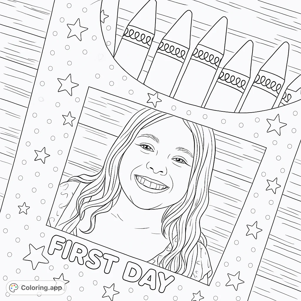 A cheerful child framed by a playful design featuring crayons, polka dots, and stars. Perfect for celebrating a special school milestone or just having fun.