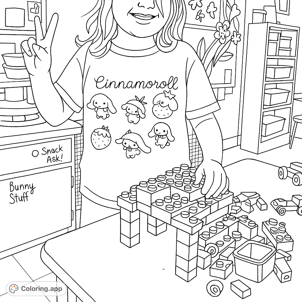 A cheerful young person building with blocks, wearing a charming character and strawberry t-shirt. A delightful scene for imaginative coloring fun.