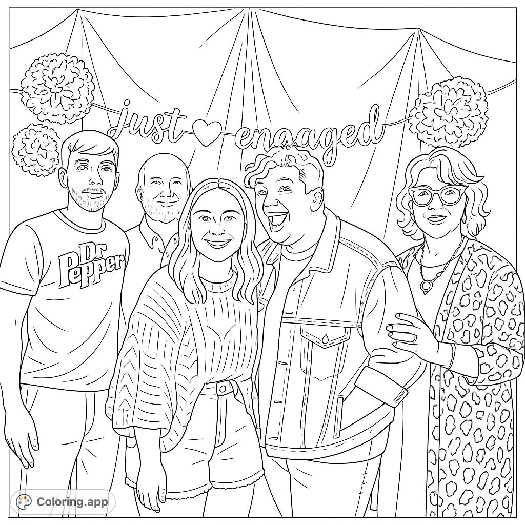 Capture a heartwarming engagement celebration! This coloring page features a happy couple with family against a festive backdrop, perfect for celebrating love and togetherness.