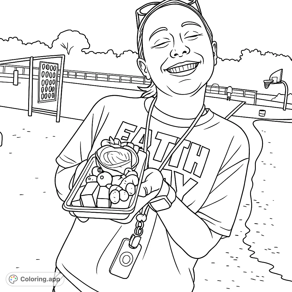 A cheerful person holding a delightful charcuterie board filled with meats, cheeses, and fruits, set against an outdoor backdrop. Perfect for foodies and fun.