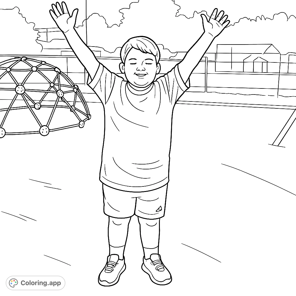 Capture the pure joy of childhood with this playground coloring page featuring a happy boy with arms raised by a geometric dome climber. Perfect for all ages!