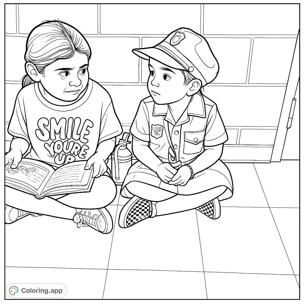 Two children, one in a detailed police uniform, sit cross-legged, sharing a book. A heartwarming scene of friendship and imagination for young colorists.