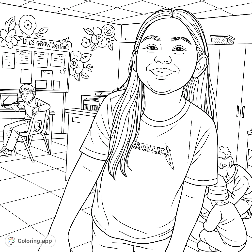 Capture the lively spirit of a school day with this engaging classroom scene featuring students, desks, and decorative elements. A fun school life coloring page.
