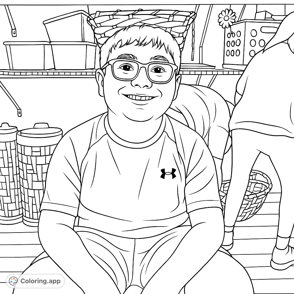 A cheerful boy in glasses smiles broadly, ready for a splash of color! This free printable features a portrait and a lively background scene.