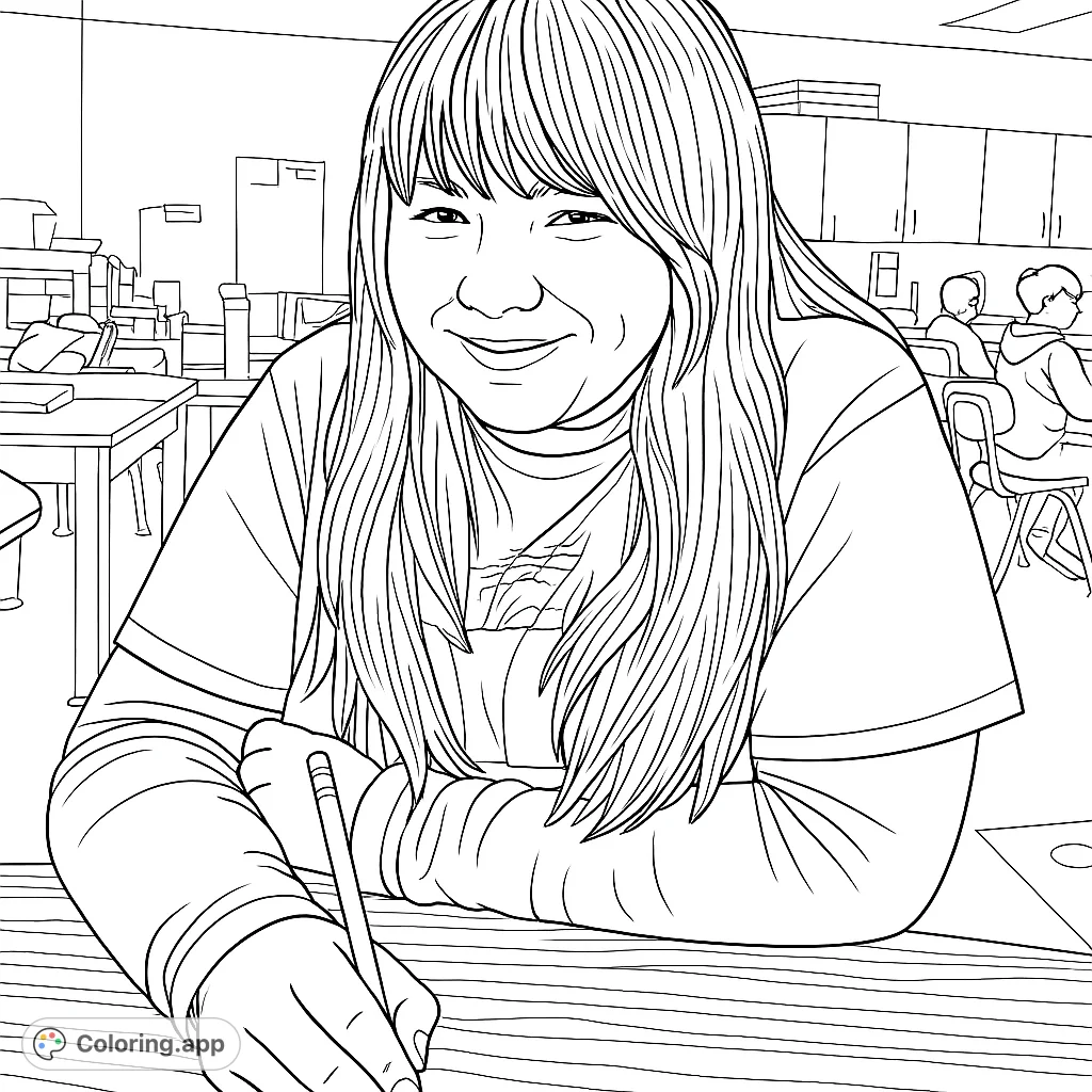 A detailed classroom scene featuring a smiling student at a desk, ready to learn. Perfect for encouraging educational themes and creative expression.