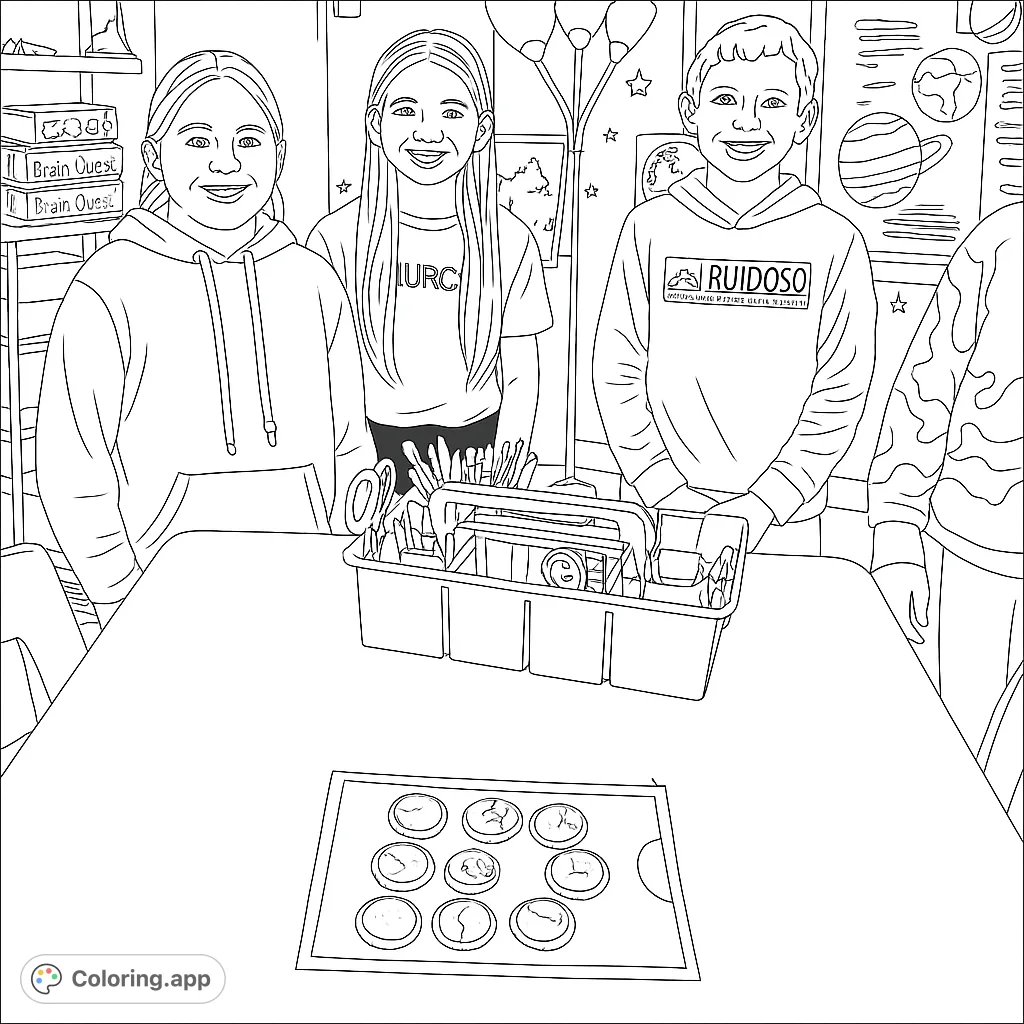 Capture a vibrant classroom scene with three smiling students engaged in a science project on moon phases. Features an activity sheet, school supplies, and enthusiastic learners.