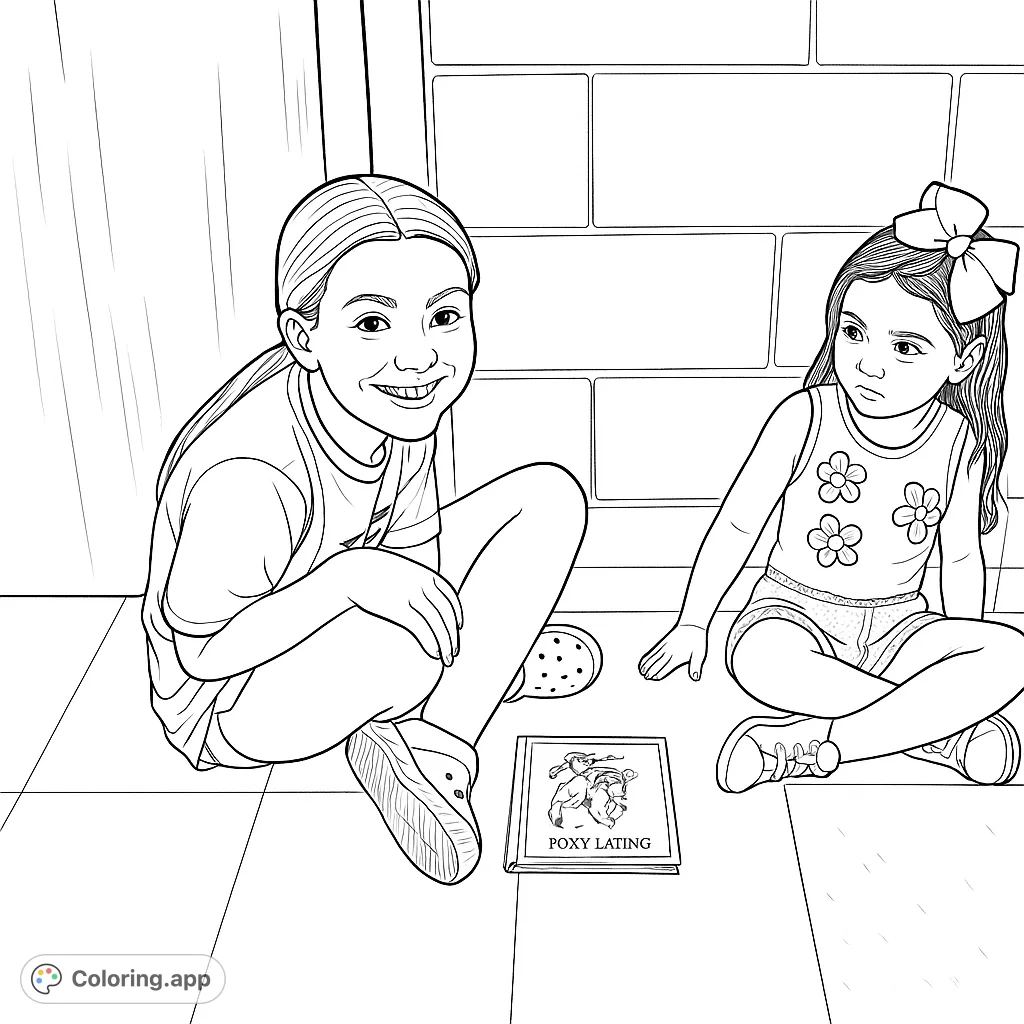 Two smiling girls share a heartwarming moment with a storybook on the floor. A delightful scene for kids, perfect for encouraging friendship and reading.
