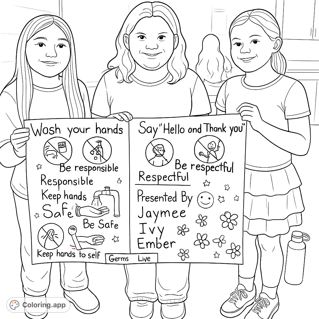 Three happy students showcase their educational poster emphasizing responsibility, respect, and safety through engaging illustrations. A perfect free printable coloring page for teaching good values.
