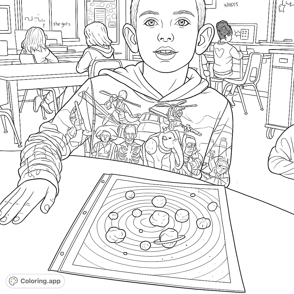 Explore a student's engaging classroom project featuring a solar system model with sculpted planets, set against a backdrop of a patterned hoodie and school activity.