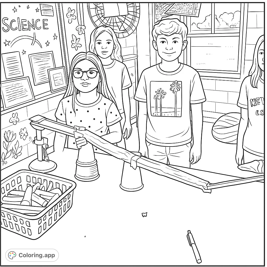 Young scientists explore a hands-on project in a vibrant classroom. Features children, an inventive ramp, and classroom details for a fun coloring experience.