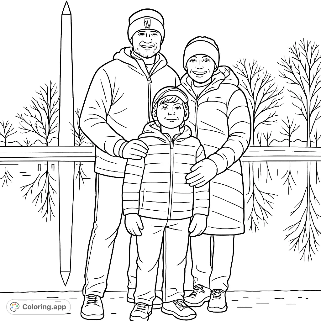 Capture a heartwarming family moment by a grand monument, reflected in serene waters. A free printable family portrait coloring page for all ages.
