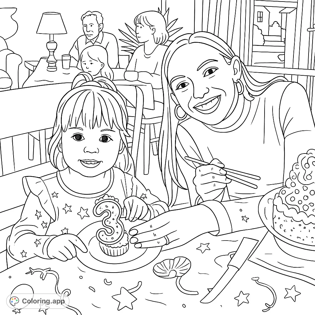 Capture a heartwarming birthday scene featuring a happy child with a '3' candle and a smiling adult, surrounded by festive details. A delightful celebration for all.