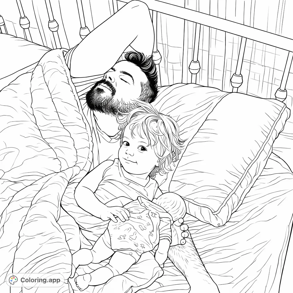 A heartwarming scene featuring a parent and child relaxing in bed with a doll. Perfect for capturing tender family moments with creative colors.