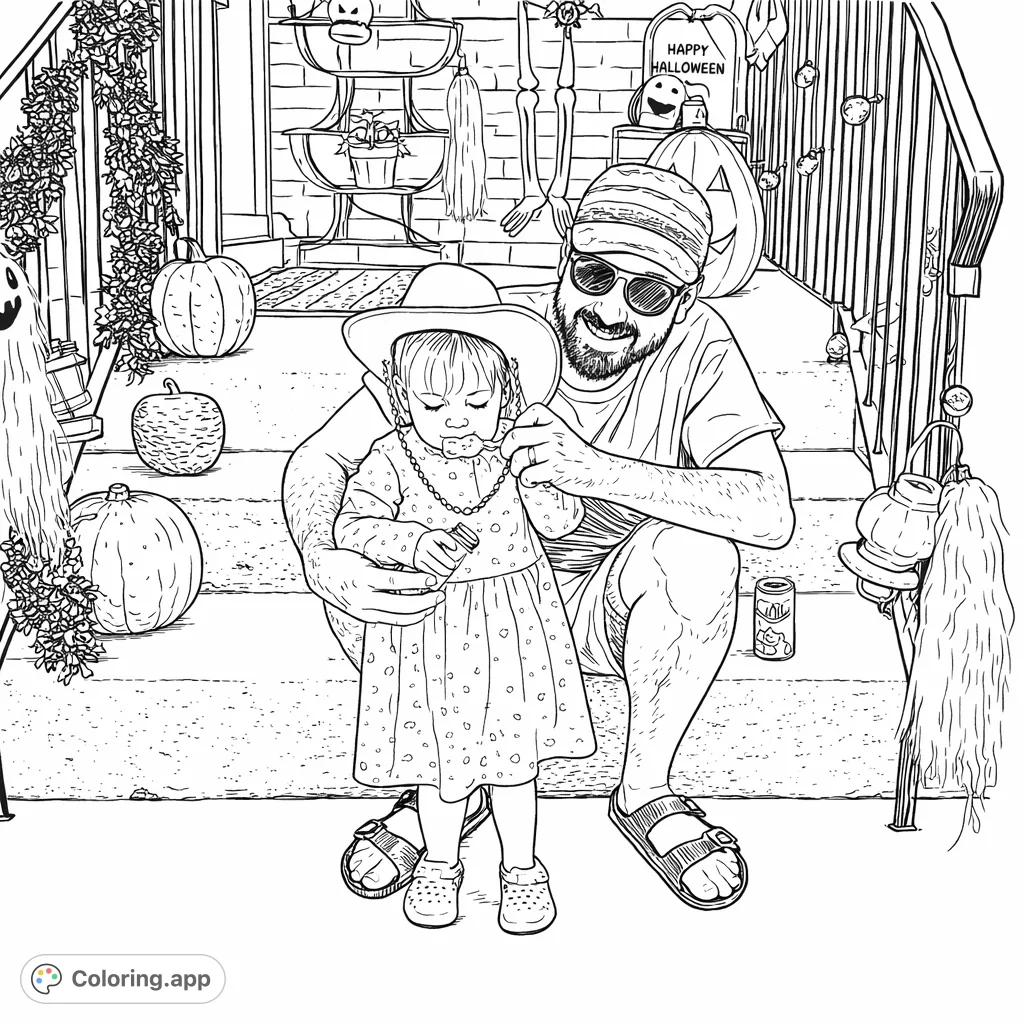 A heartwarming Halloween coloring page featuring a man and child enjoying festive fall decorations on steps. Perfect for autumn and family fun.