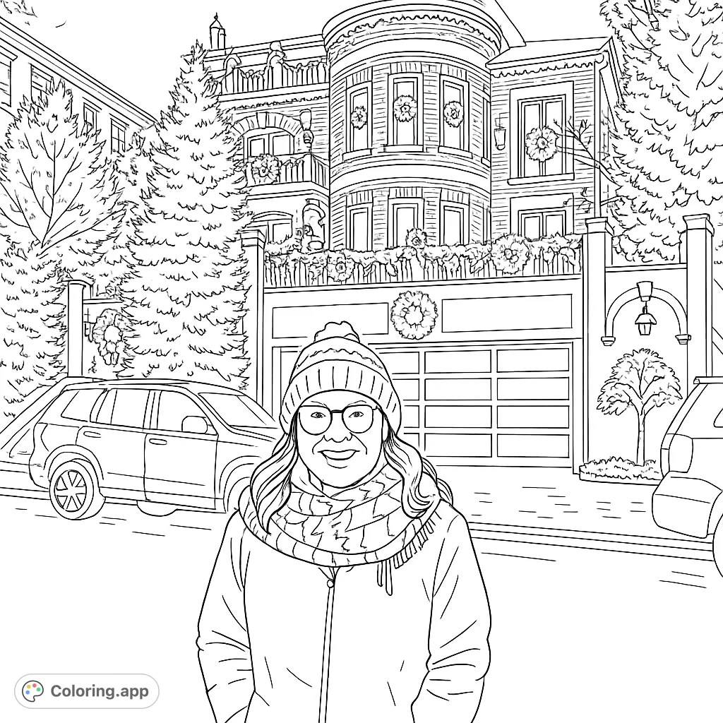 Capture the joy of a festive winter evening! Color a smiling person in warm attire against a grand house adorned with sparkling holiday lights and evergreen trees.