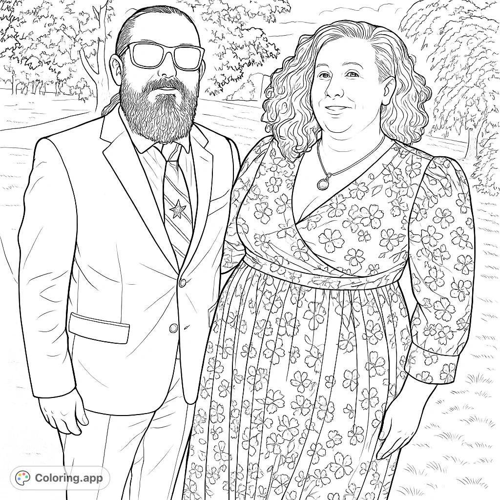 A detailed portrait of a couple standing outdoors, featuring a man in a suit and a woman in a floral dress, offering intricate patterns for creative coloring.