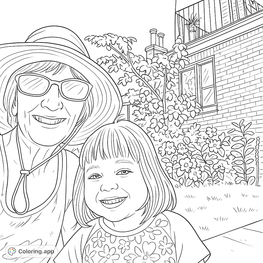 Capture a heartwarming moment of a smiling woman and child in a charming garden setting with a brick building and lush foliage. Perfect for family-themed coloring.