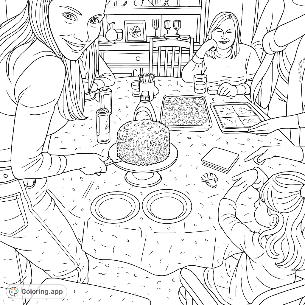 A delightful birthday gathering with a woman cutting a sprinkled cake, surrounded by family and desserts on a patterned table. Perfect for celebration themes.