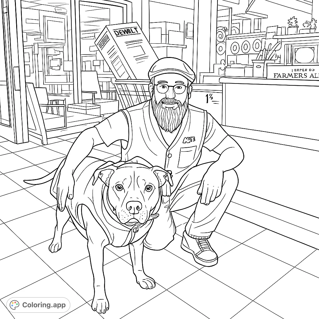 Capture a heartwarming scene of a man and his dog in a store setting. Perfect for pet lovers and those who enjoy detailed scenes.