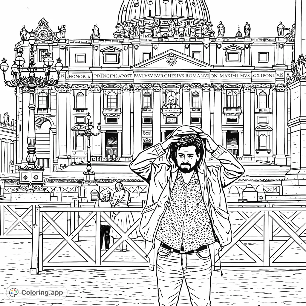 Color a man striking a playful pose in front of a majestic basilica with intricate architecture. A grand scene offering rich details for a fulfilling creative experience.