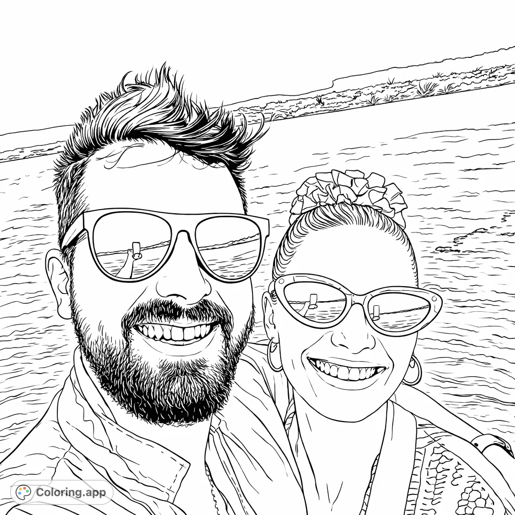 Capture the joy of a smiling couple by the water. Featuring detailed sunglasses, a floral hair accessory, and a scenic backdrop, this page offers a delightful coloring experience.