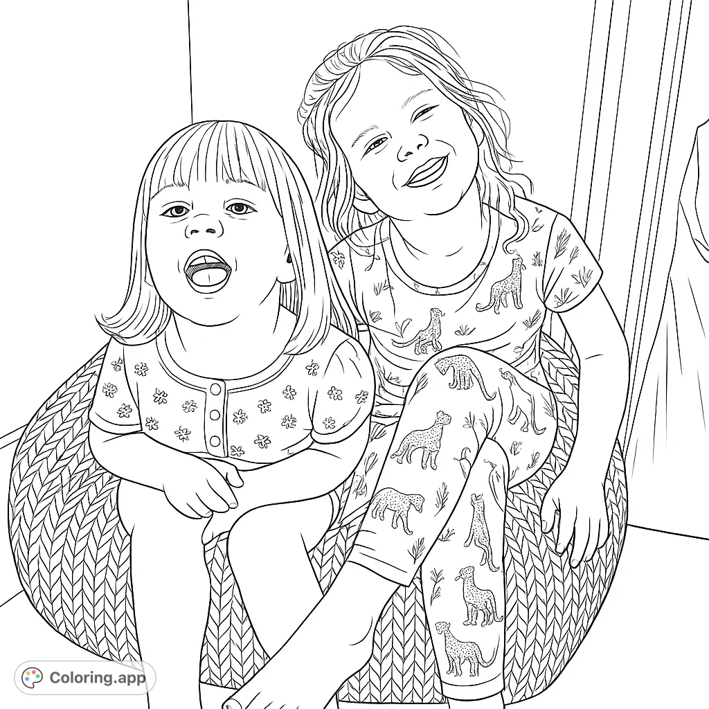 Two joyful girls sit on a unique patterned beanbag, wearing playful patterned outfits. A delightful scene for kids to color and personalize.