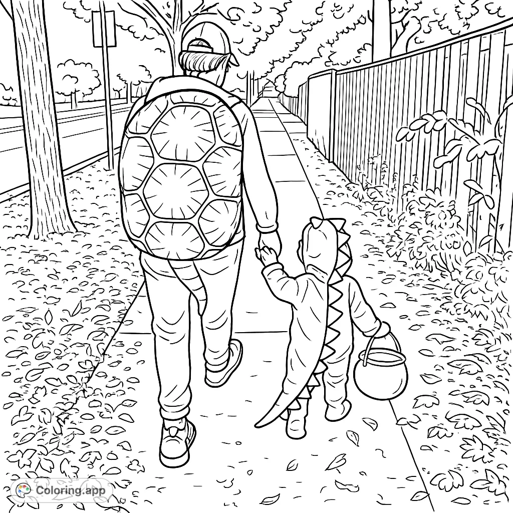 An adult in a turtle costume walks hand-in-hand with a child in a dinosaur costume, carrying a bucket, on a sidewalk strewn with autumn leaves.
