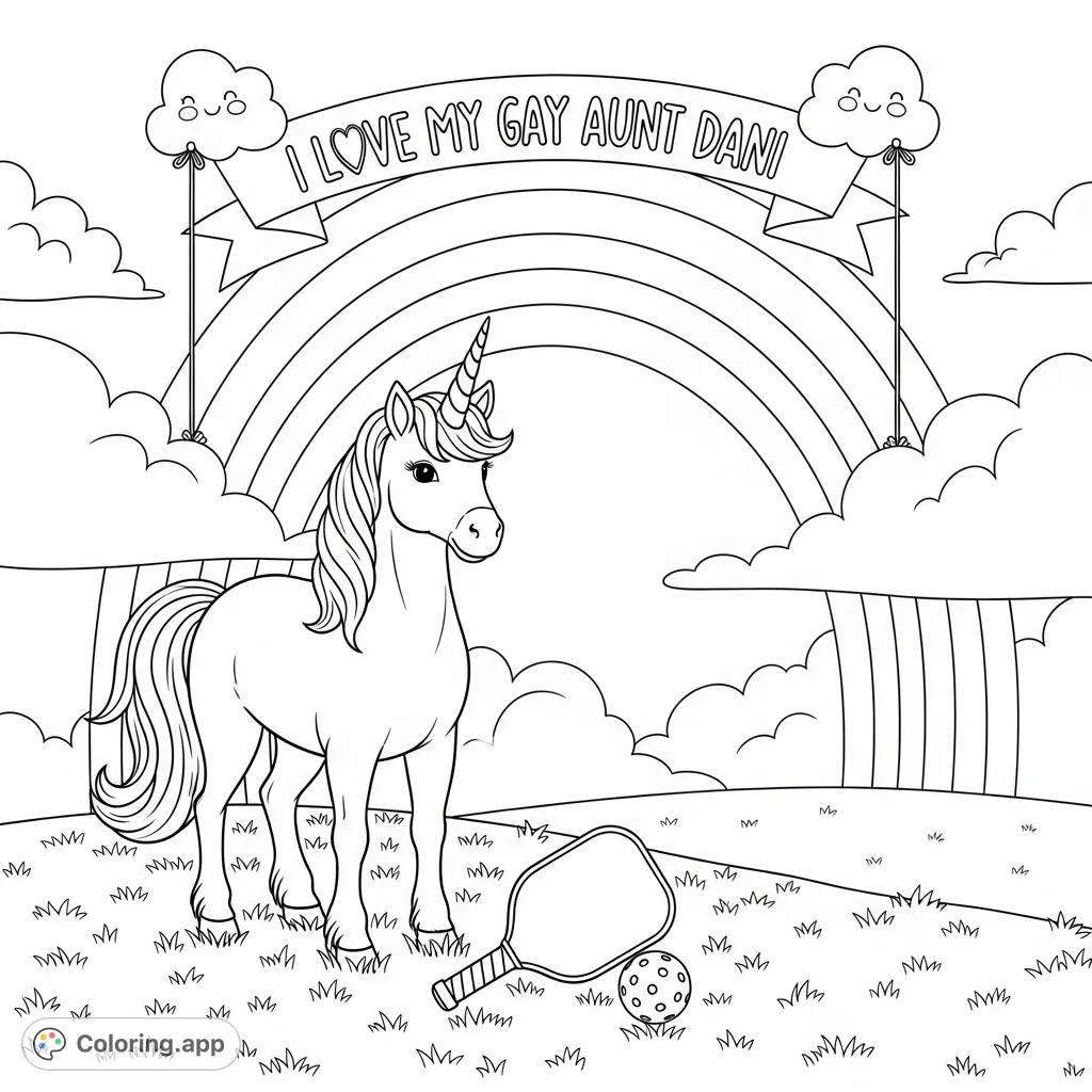 A delightful unicorn, rainbow, and pickleball scene featuring a special message for Aunt Dani. Perfect for expressing love and creativity.