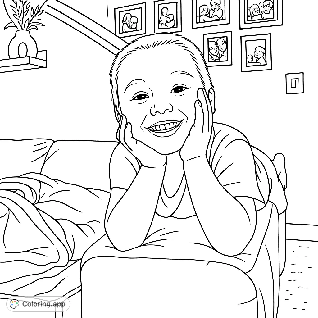 A delightful scene of a smiling child resting on a couch, perfect for capturing joy and warmth. Features a playful pose and home setting.