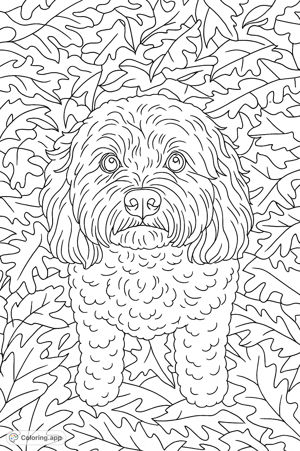 A charming, fluffy dog with expressive eyes sits amidst a carpet of autumn leaves. This detailed page is perfect for pet lovers and nature enthusiasts.