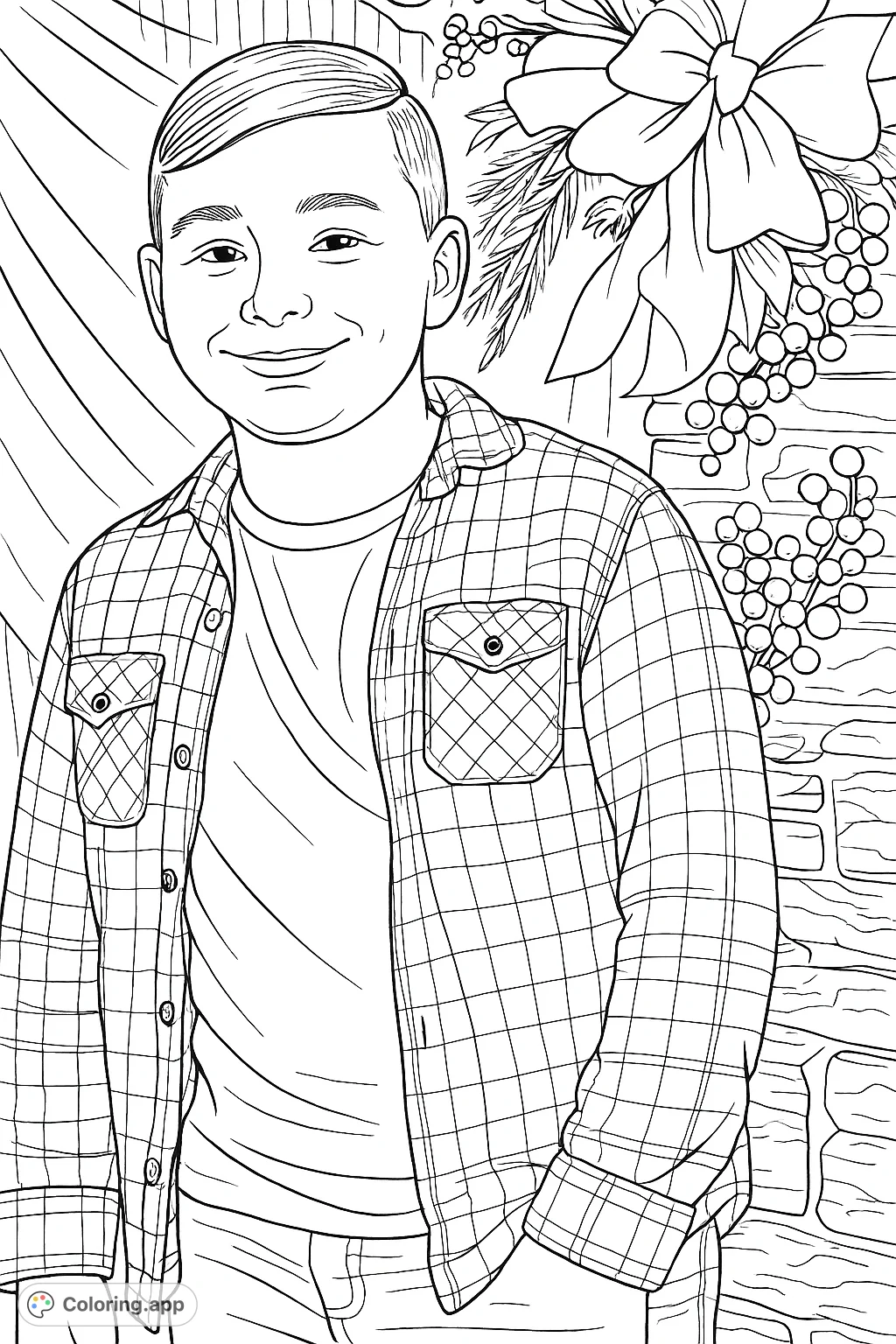 Color a portrait of a smiling boy in a plaid shirt, set against a festive background with a large bow, berries, and a textured stone wall.
