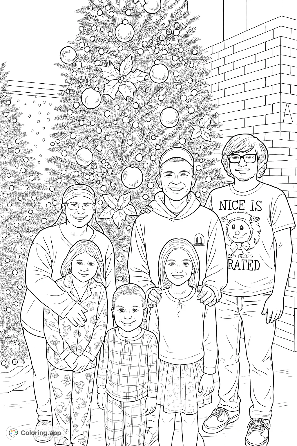 Capture the warmth of a holiday family gathering with this detailed Christmas tree and smiling family members. Perfect for festive coloring fun!