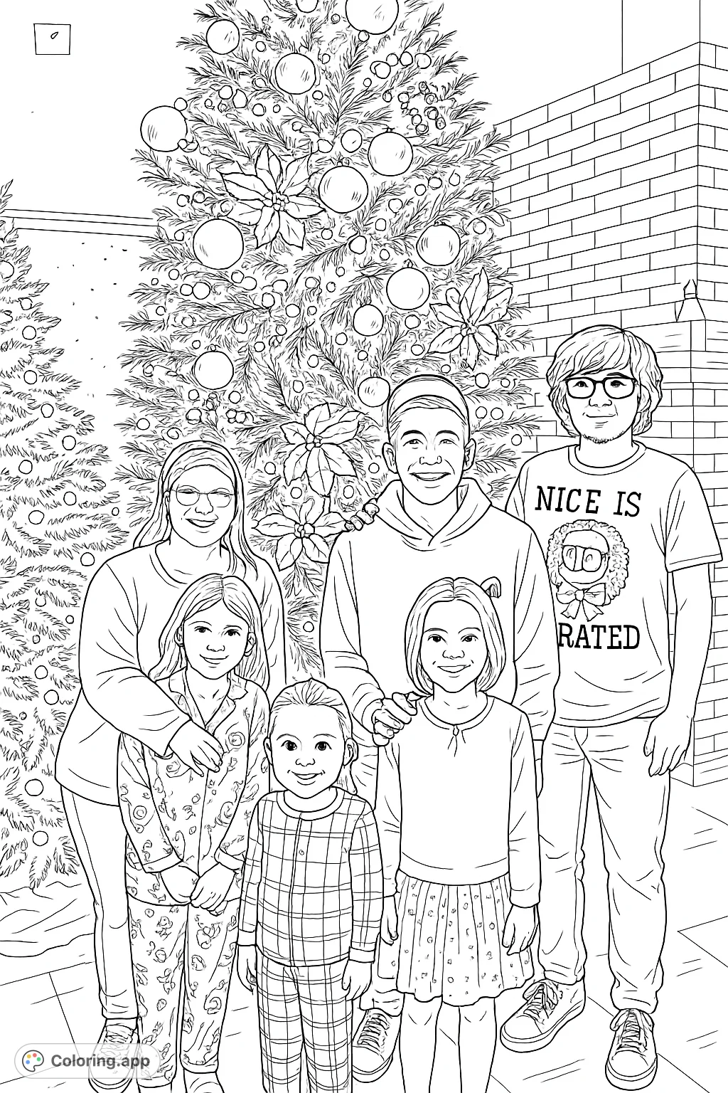 A heartwarming family coloring page featuring six smiling individuals gathered around a beautifully decorated Christmas tree, perfect for holiday creativity.