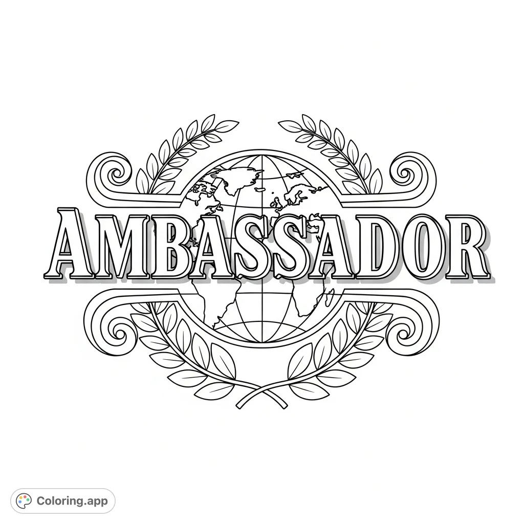 An elegant coloring page featuring the prominent word 'Ambassador' surrounded by sophisticated scrollwork, laurel branches, and a subtle globe motif.