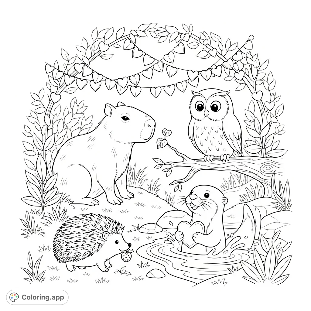 Discover a charming forest scene with friendly animals sharing heart-shaped treasures. A capybara, owl, otter, and hedgehog gather in a cozy, leafy nook.