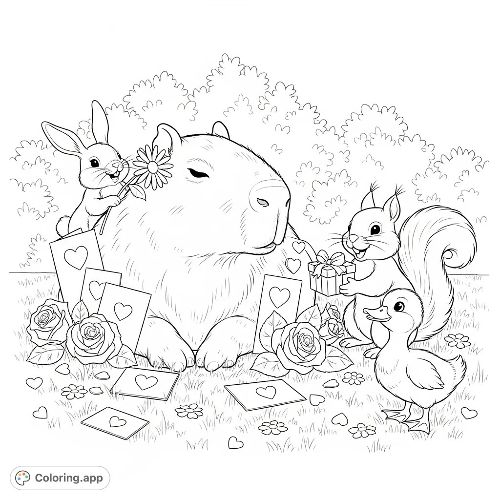 Color a heartwarming scene featuring a peaceful capybara surrounded by friendly forest creatures, heart-shaped cards, and blooming flowers.