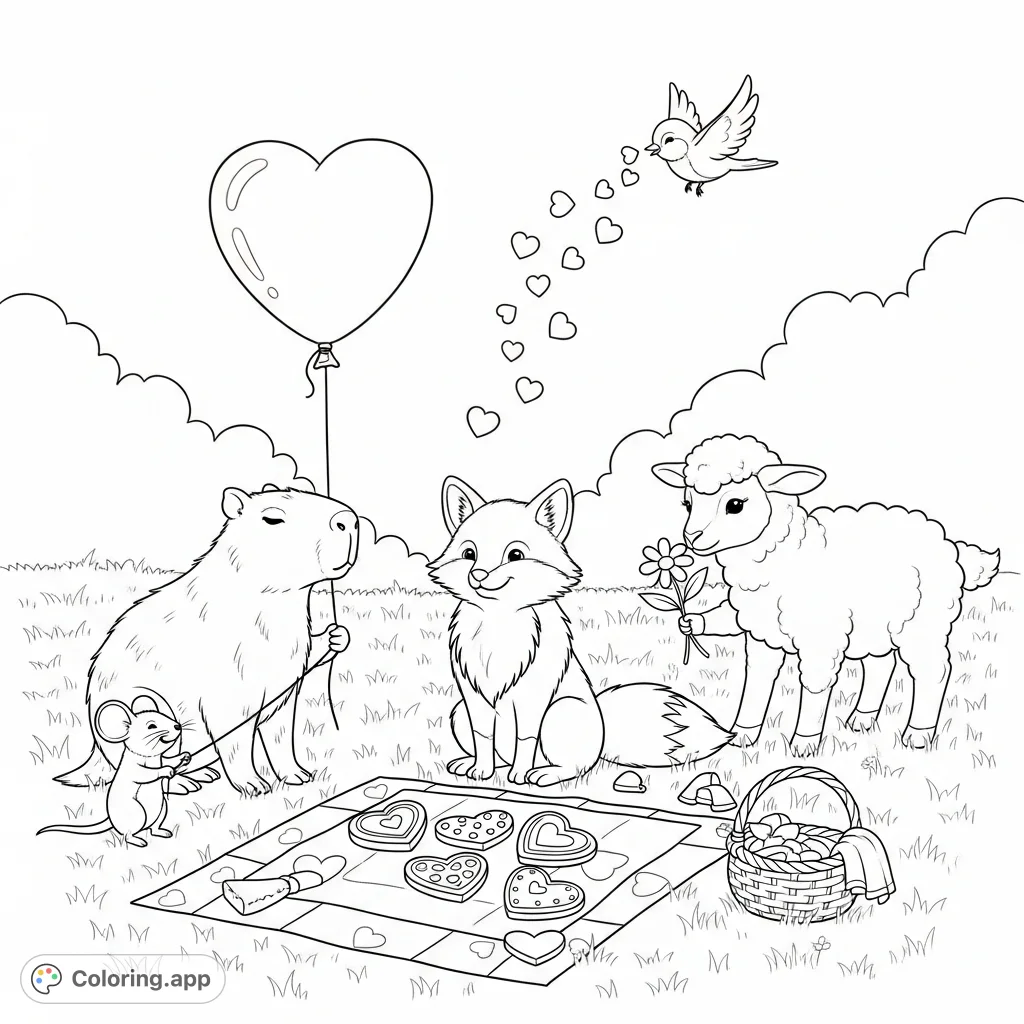 An adorable capybara, fox, lamb, mouse, and bird prepare for a charming Valentine's Day celebration in a sunny meadow filled with hearts and flowers.