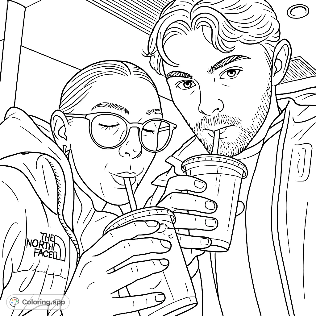 Capture a casual moment with two friends enjoying refreshing drinks. Perfect for a relaxing coloring session, featuring figures, beverages, and a simple background.