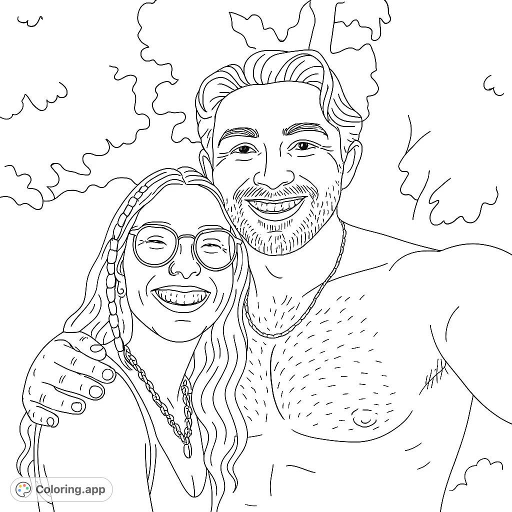 A heartwarming coloring page featuring a smiling man and woman embracing, perfect for personalizing with your own creative flair.