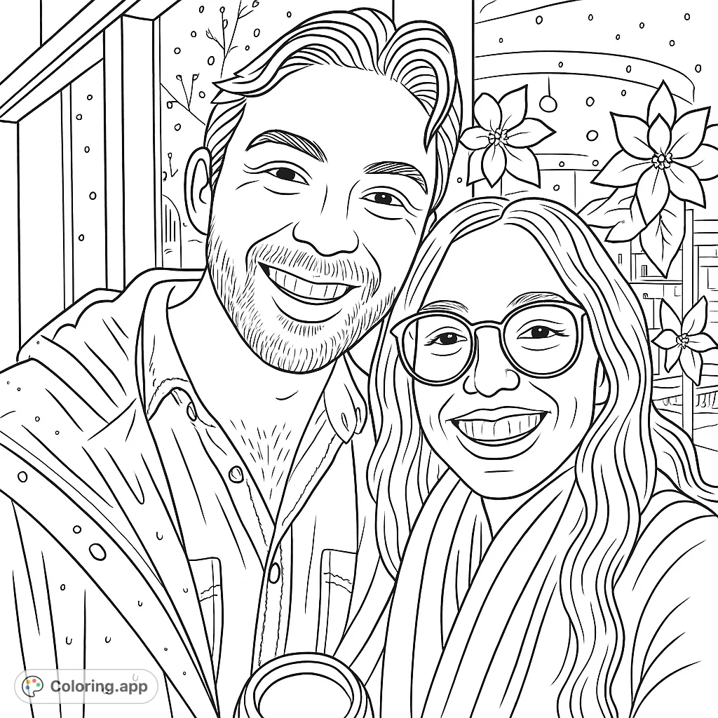 Capture a joyful moment with this smiling couple against a festive backdrop. Perfect for adding your personal touch to their cheerful expressions.