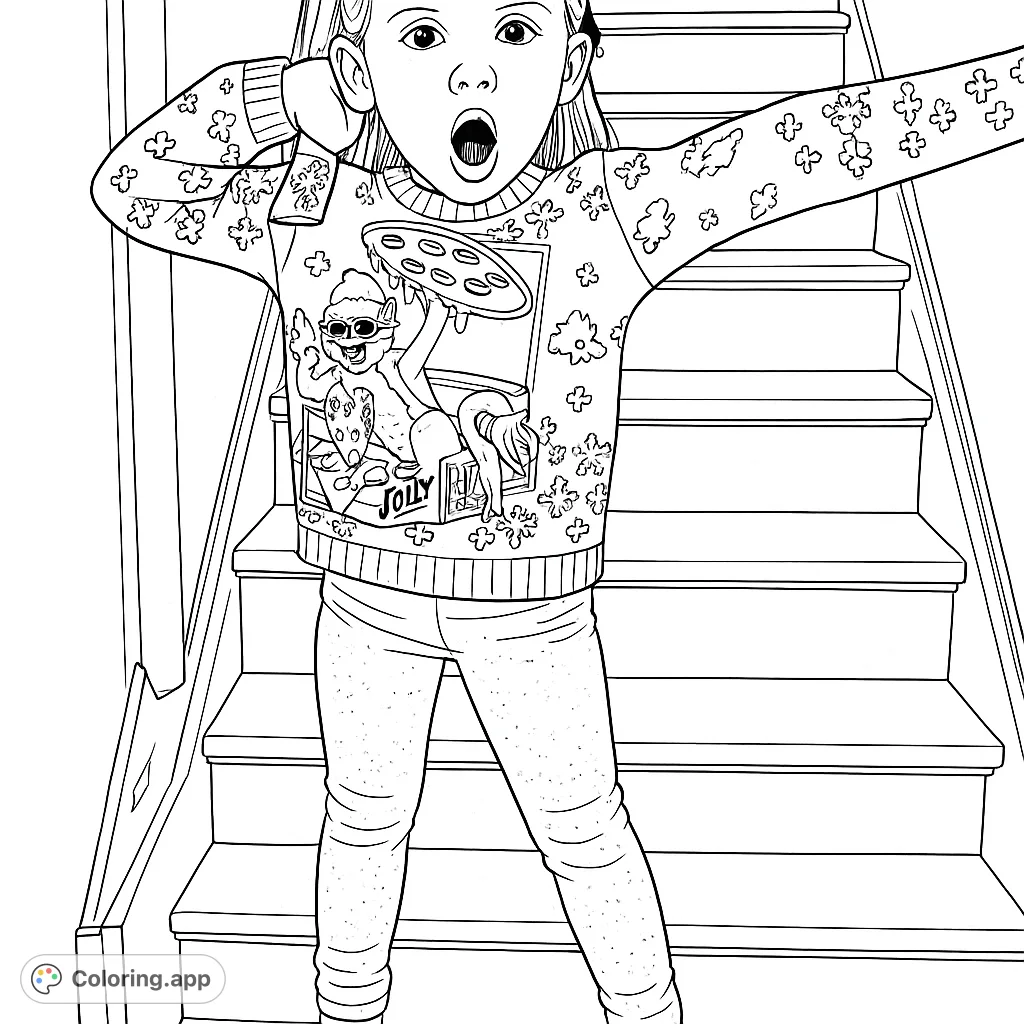 A child in a whimsical pizza cat sweater and sparkly leggings stands on stairs. A fun, festive, and detailed coloring page.