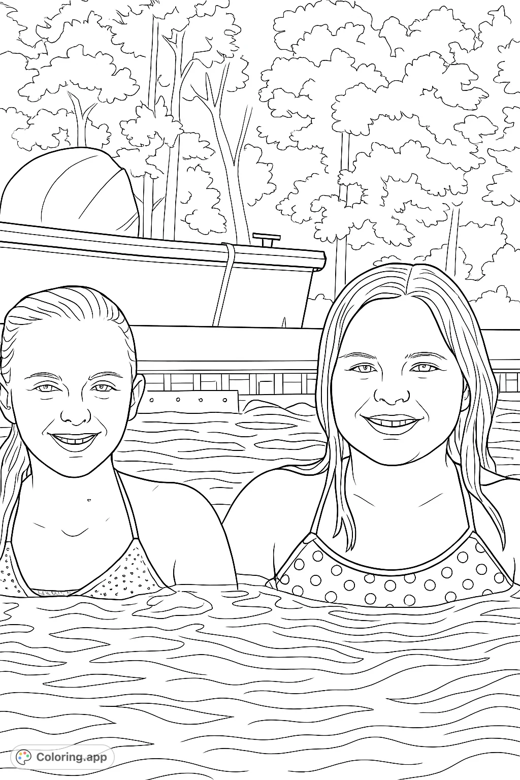 Dive into fun with this poolside friends coloring page! Two cheerful individuals enjoy a refreshing swim amidst water ripples and a scenic background.