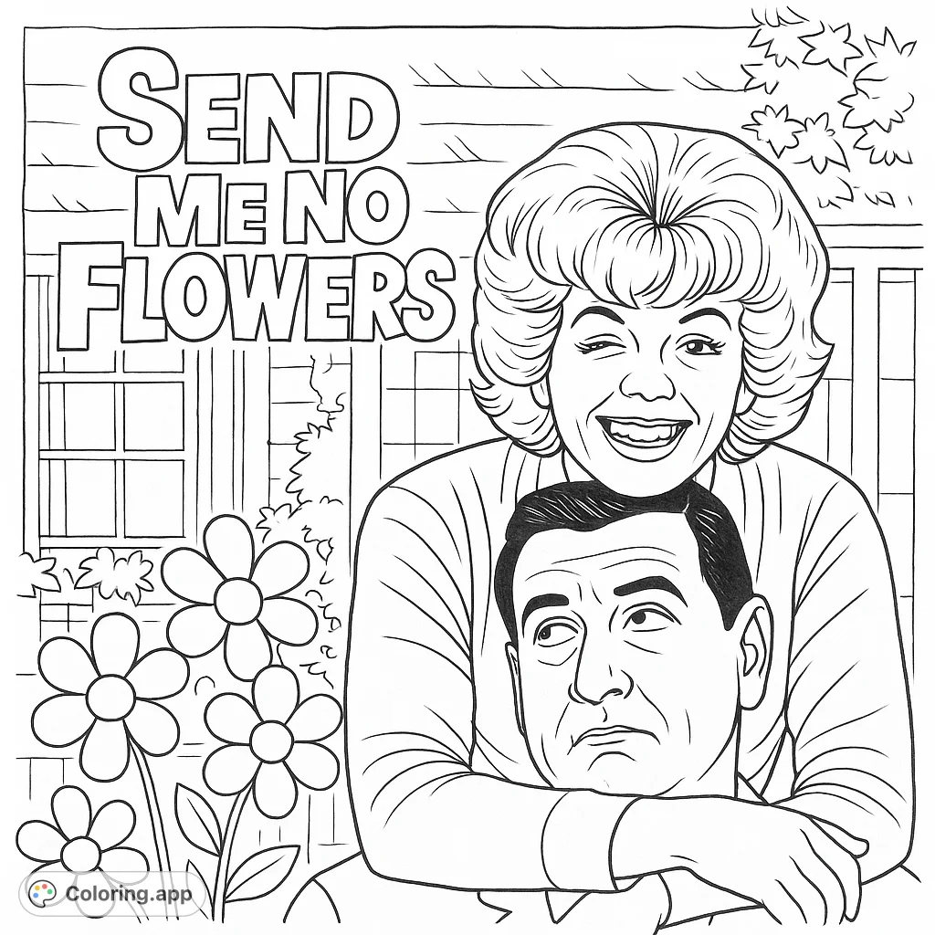 Capture the playful dynamic of a classic couple, with a winking woman and a bewildered man, set against a charming house and garden elements.