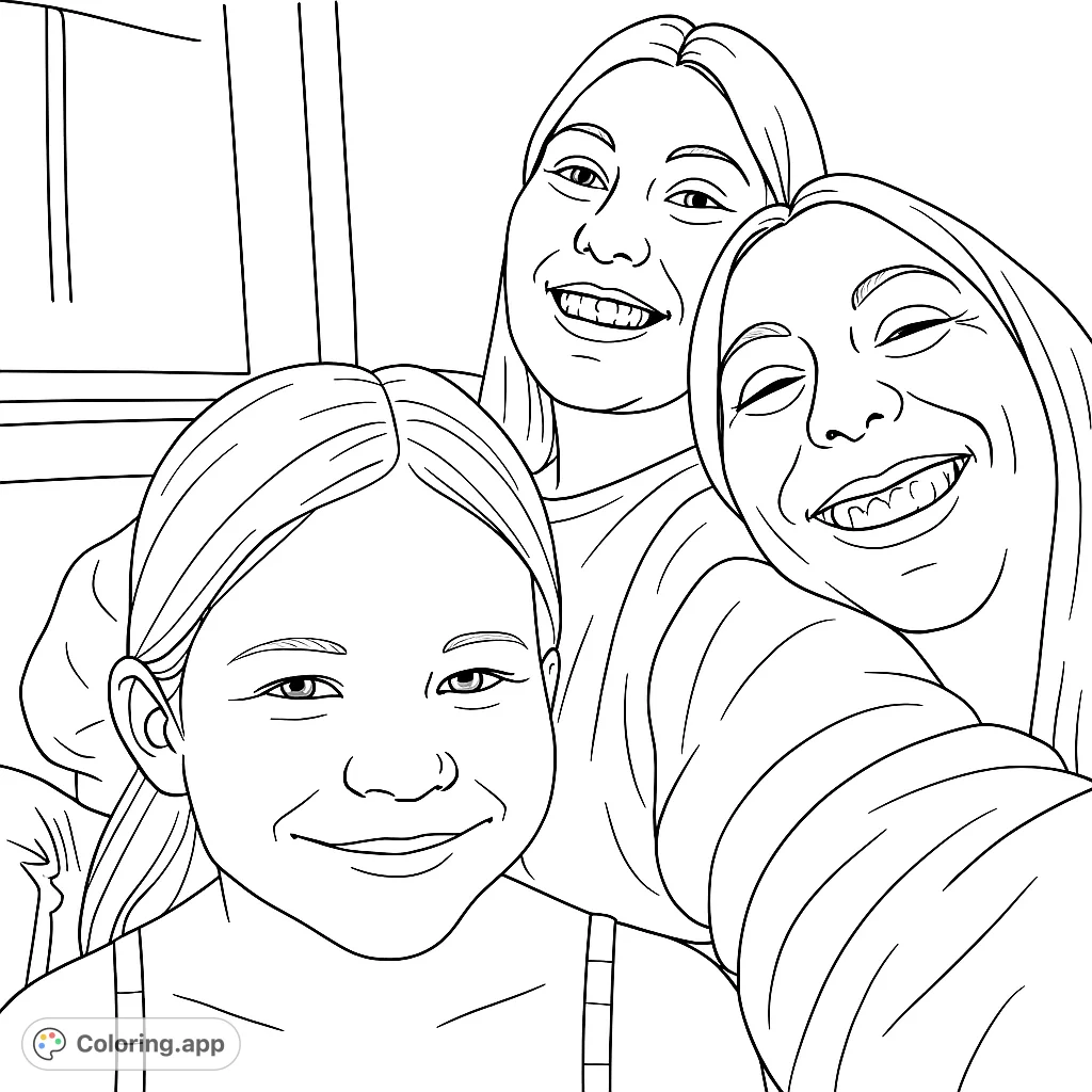 A heartwarming family coloring page featuring three smiling individuals of different generations in a close-up, joyful moment, perfect for all ages.