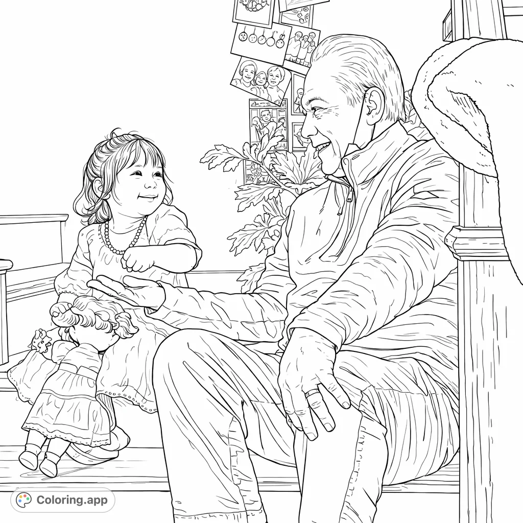 Capture a tender family moment with this joyful coloring page featuring an older man and a child sharing a happy time on a staircase, surrounded by festive decor.