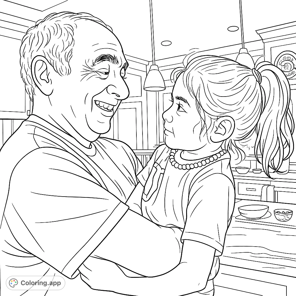 Capture a heartwarming moment of an older man holding a young girl, both smiling and looking at each other. A delightful scene celebrating family connection.