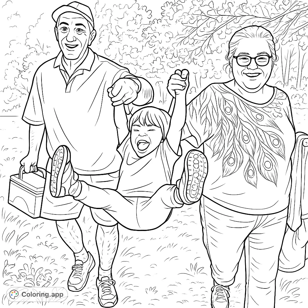 Capture a heartwarming moment of family fun! Two adults swing a laughing child outdoors amidst lush foliage, perfect for a happy family coloring page.