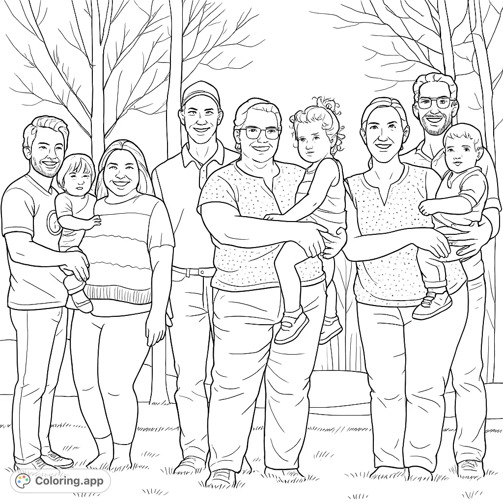 A heartwarming family gathering featuring multiple generations and playful children outdoors. Perfect for a joyful coloring experience.