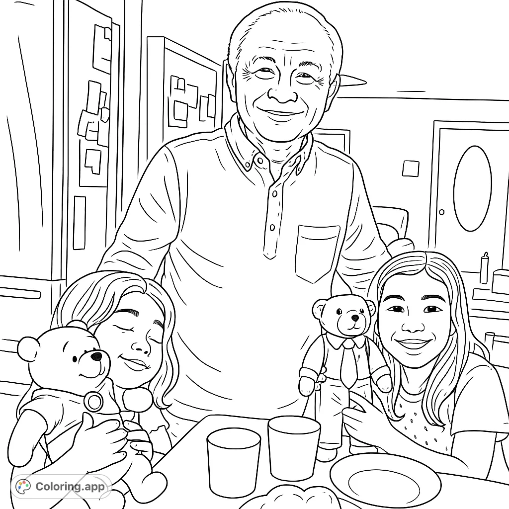 Capture a heartwarming family moment with an adult and two children holding their beloved teddy bears at a table. Perfect for all ages to bring to life.